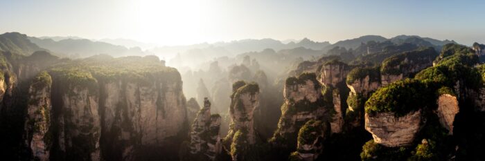 Aerial panorama of the Yuanjiajie mountains and pillars in Zhangjiajie China