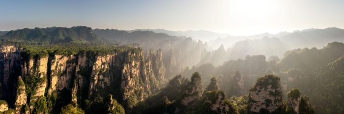 Aerial panorama of Yuanjiajie mountain peaks in Zhangjiajie China