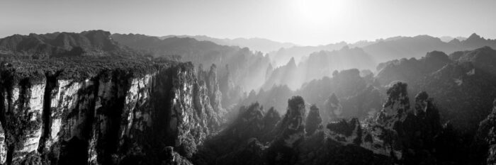 B&W aerial panorama of the Yuanjiajie mountain peaks in Zhangjiajie China