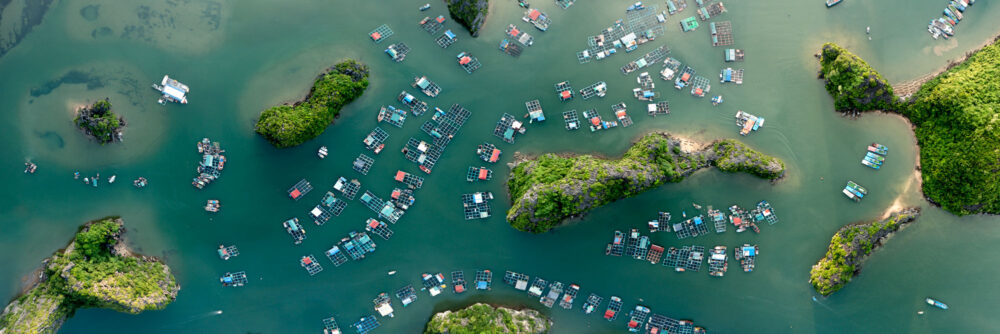 Panorama above a fishing village on Cat Ba Island in Ha Long Bay Vietnam