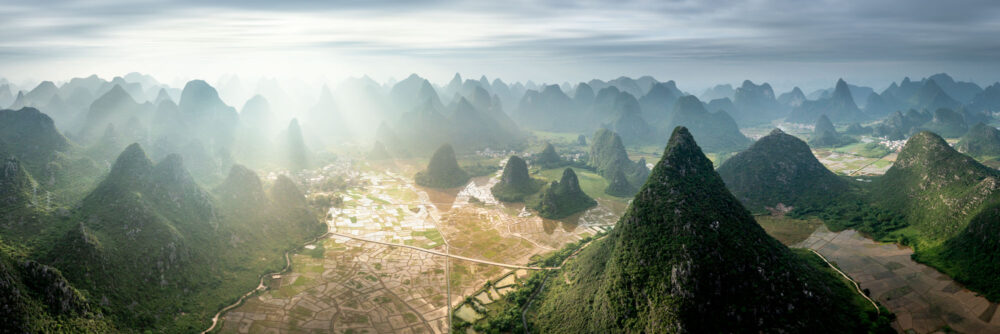 Incredible Aerial Paoramic print of the endless karst mountains in Guiin China