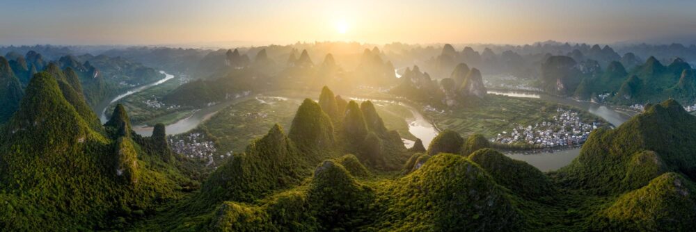 Aerial panorama of the River Li winding through Karst mountains in Xingping, Yangshuo, China