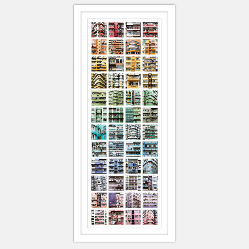 Photographic collage of Hong Kong's colorful Tong Lau buildings in vertical