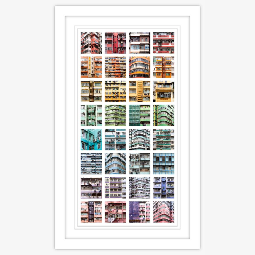 Photographic collage of Hong Kong's colorful Tong Lau buildings in vertical