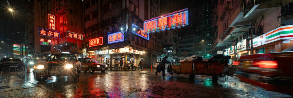 Panoramic photography print of the neon signs in Mongkok, Hong Kong, during a rain storm at night
