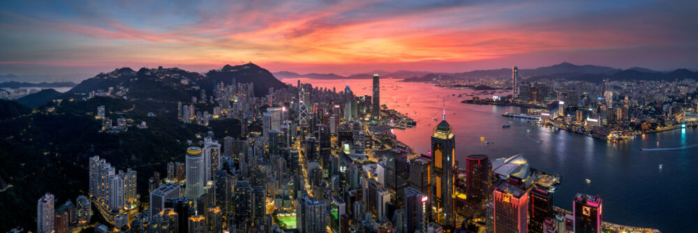 Aerial Panoramic print of sunset over Hong Kong City