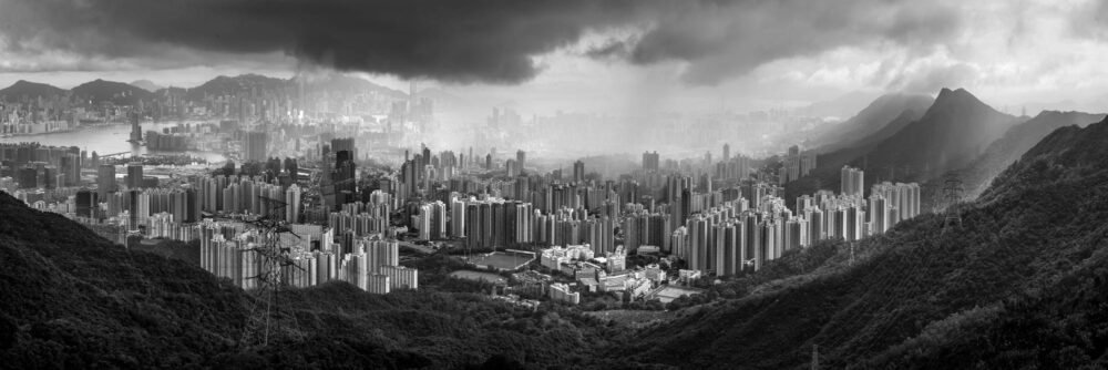 Black and white panoramic print of Hong Kong during a rain storm
