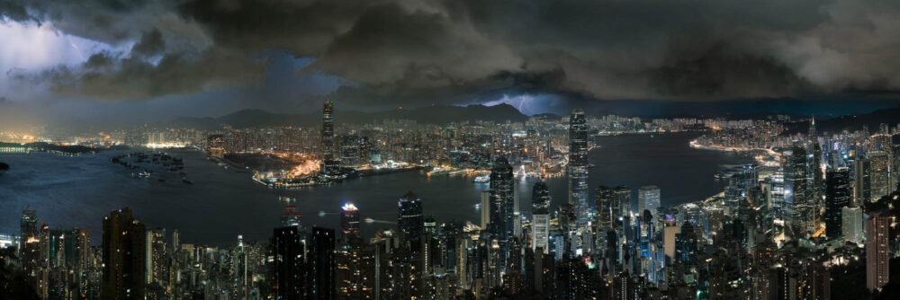 Panorama photo print of a lightning storm passing through Hong Kong city at night.