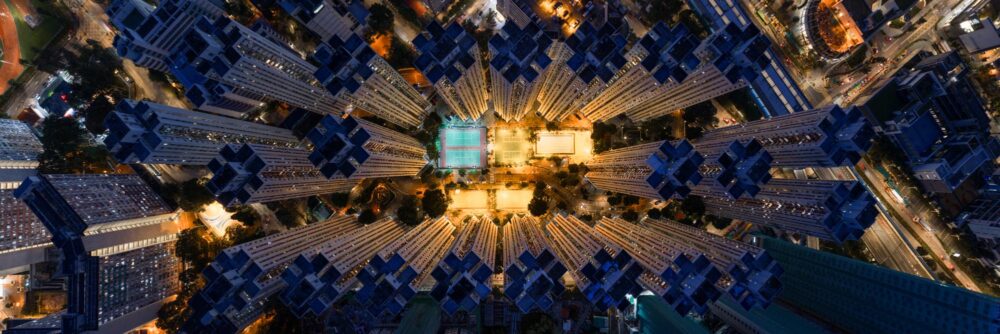 Hong Kong architecture towers from above night
