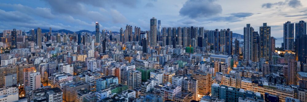 Aerial panoramic print of Sham Shui Po Tong Lau architecture during blue hour in Hong Kong