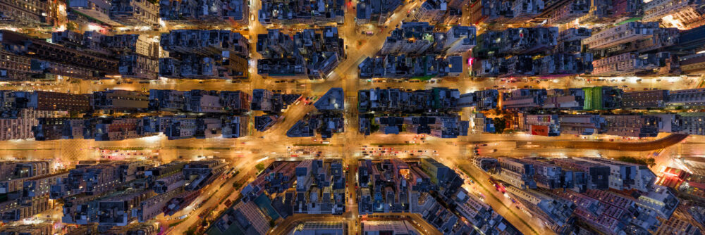 Aerial panoramic print of the streets of Sham Shui Po in Hong Kong at night