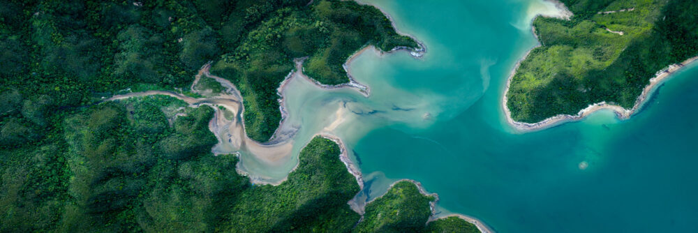 Aerial art above Sam A Wan Cove in Clover Cove country park and Yan Chau Tong Marine Park in Hong Kong