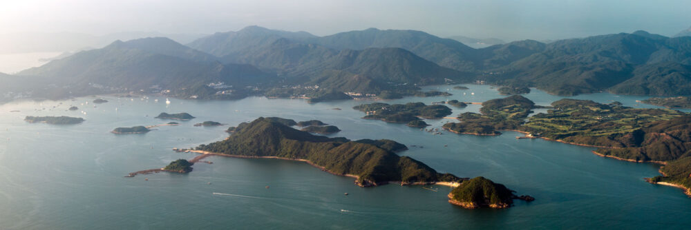 Aerial panoramic print of Sharp Island in San Kung, Hong Kong.