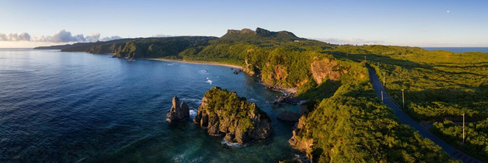 Aerial panoramic print of Cape Hedo at sunrise on the Island of Okinawa in Japan