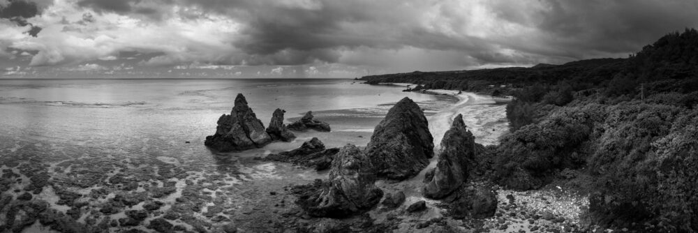Monochrome Panorama framed print of Sosu Beach on Okinawa Island in Japan