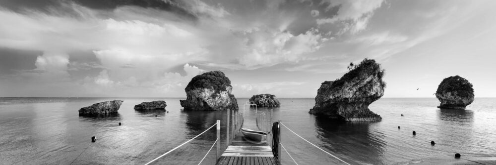 Black and white Panoramic art print of a jetty on Mibaru Beach in Okinawa Japan