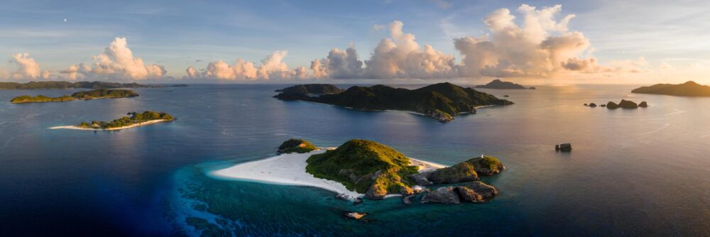 Aerial panoramic art print of the Kahi Island and beach, amongst the Kerama Islands near Zamami in Okinawa, Japan