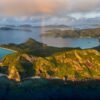 Aerial panoramic art print of a rainbow over Zamami and the Kerama Islands in Okinawa, Japan.