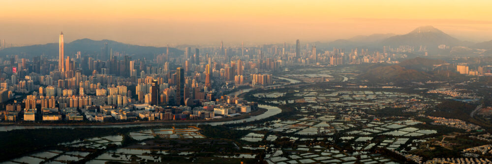 Panoramic print of the Shenzhen Skyline and the Hong Kong Border during golden hour