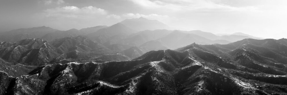 Aerial panoramic print of Castle Peak in Hong Kong in black and white