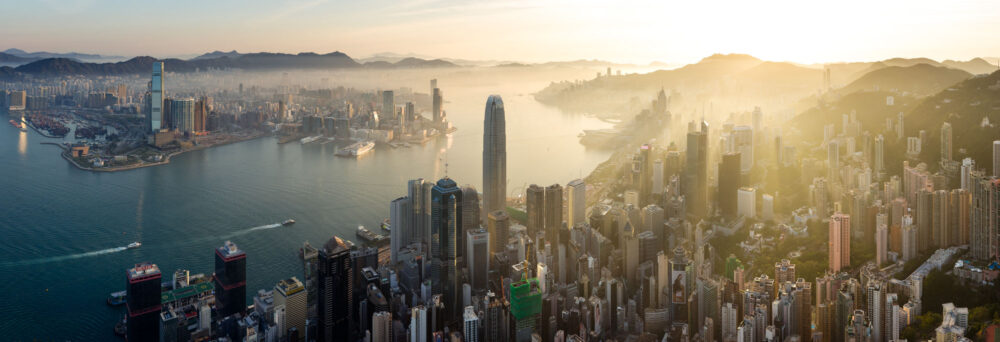 Photo print of the Aerial panoramic view of the Hong Kong skyline and harbour at sunrise