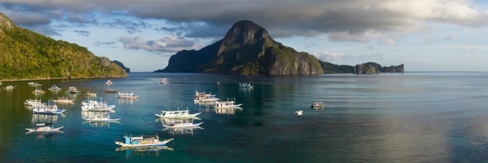 Aerial Panorama of the boats in El Nido Bay in Palawan Philippines
