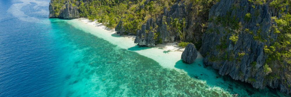 Aerial panorama of the Worlds best beach Entalula Beach in Palawan, Philippines