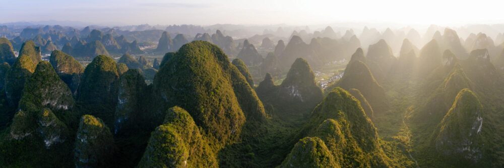 Aerial Panorama of the Yangshuo Karst mountains in Guilin China