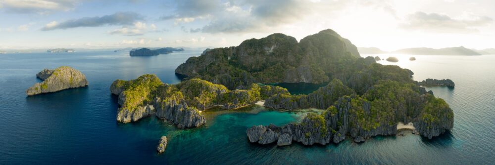 Aerial Panorama of the Lagoons of Manioc Island in Bacuit Bay, Palawan, Philippines