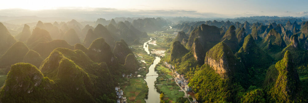 Aerial panorama of the Yulong river valley and Karst mountains in Yangshuo Guilin China