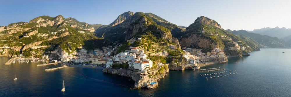Aerial Panorama of Amalfi and Atrani towns along the Amalfi Coast in Italy