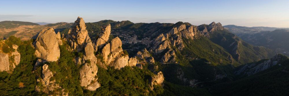 Aerial Panorama or Castelmezzano and the Lucanian Dolomites in Italy during golden hour