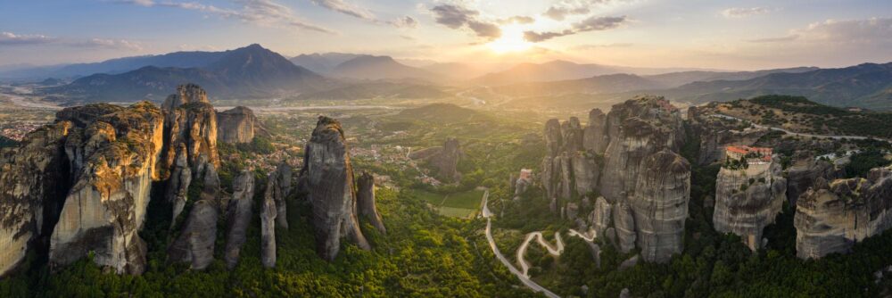 Aerial panoramic print of the Meteora rock pillars in Kalabaka Greece at sunset