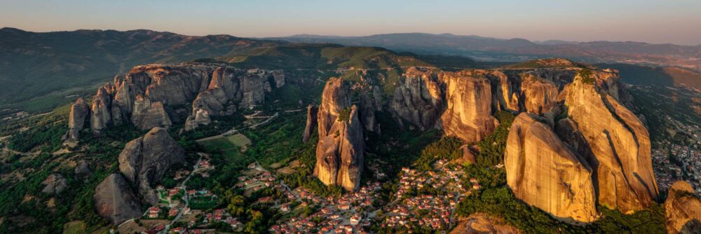 Aerial panorama of the Meteora Rock formations in Kalabaka Greece
