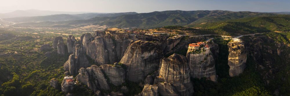 Panoramic print of the Monastery of Varlaam and the Meteora rock pillars in Kalabaka, Greece