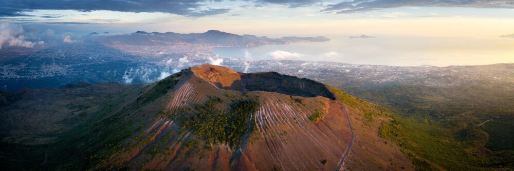 Aerial panoramic print of Mount Vesuvius Volcano in Italy during golden hour
