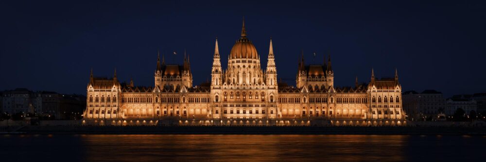 Panoramic print of the Orszaghaz Hungarian Parliament Building at night in Budapest
