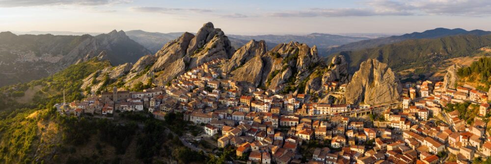 Aerial Panorama of Piettrapertosa village in the Lucanian Dolomites in Basilicata in Italy
