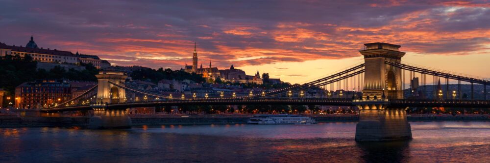 Panoramic print of the Szechenyi Chain Bridge at sunset on the Danube River in Budapest, Hungary